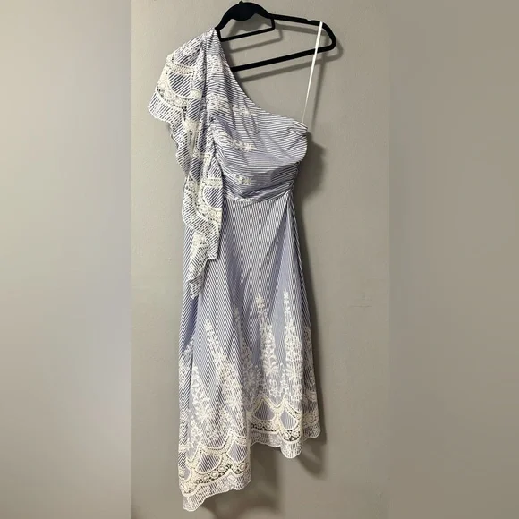 NWT BCBGMAXAZRIA One-Shoulder Embroidered Stripe Dress. Size 4